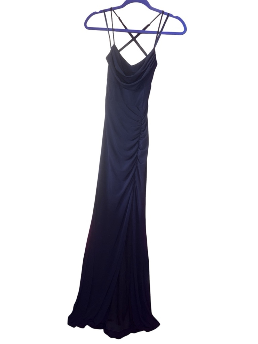 Windsor Elegant Navy Blue Ruched Evening Dress with Strappy Back XS